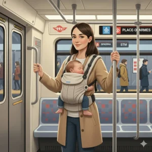 An illustration of a parent easily navigating a Canadian city subway station using a hands-free baby carrier for a newborn.
