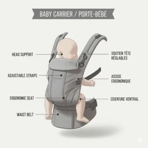 An instructional graphic of a baby carrier for a newborn featuring English and French text (Porte-bébé pour nouveau-né).