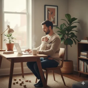 A Canadian parent using a soft wrap baby carrier while working from home, showcasing versatility and bonding.