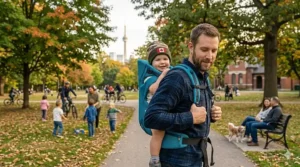 A father demonstrating the secure back-carry position on a toddler carrier during a family visit to a Canadian park.