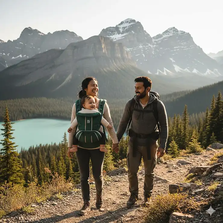 A mother wearing an ergonomic baby carrier while hiking a mountain trail in Canada; focus on comfort and safety for Canadian outdoors. baby carrier Canada