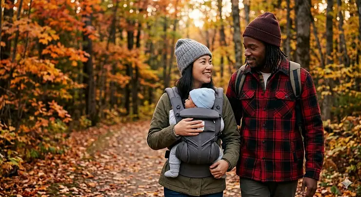 A Canadian couple using an ergonomic baby carrier for their newborn while hiking through a colorful maple leaf forest in autumn.