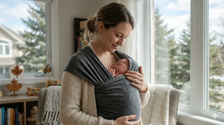A mother in a cozy knit sweater wearing a soft grey baby wrap for newborns while walking through a bright, modern Canadian home.