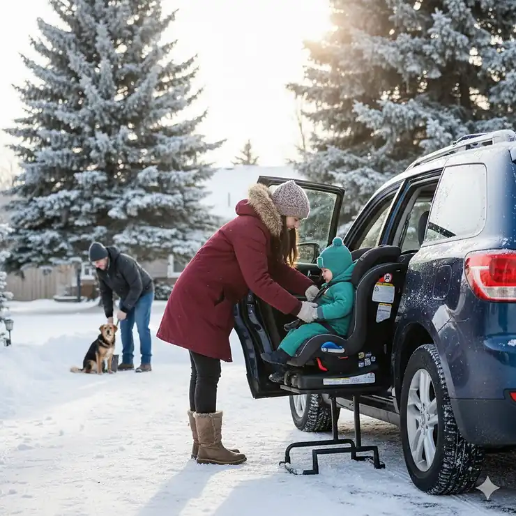 A parent in winter gear securing a toddler into a rear-facing car seat during a snowy Canadian winter morning. car seats for Canadian winters