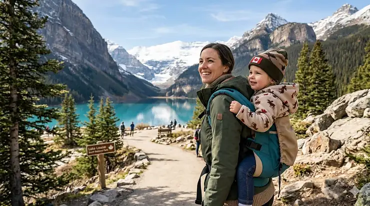 A mother using an ergonomic toddler carrier while hiking in Banff, Alberta, showcasing the best toddler carrier Canada offers for outdoor adventures.