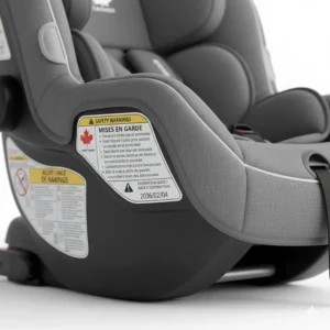 Illustration of bilingual English and French safety warning labels and expiration instructions as required by Canada's Motor Vehicle Restraint Systems and Booster Seats Safety Regulations.