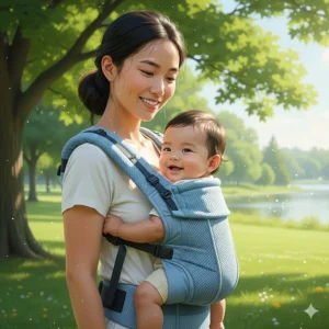 Illustration of a breathable mesh baby carrier designed for comfort during hot Canadian summer months.