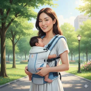 A lightweight mesh baby carrier for a newborn designed for airflow during humid Canadian summer months.