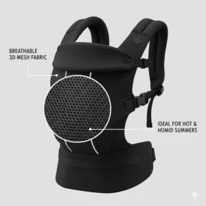 Illustration of breathable 3D mesh fabric on an ergonomic baby carrier, ideal for humid Ontario or BC summers.