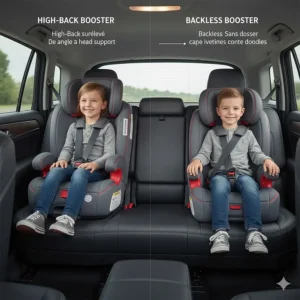 Diagram showing Canadian booster seat safety regulations and CMVSS compliance in English and French.