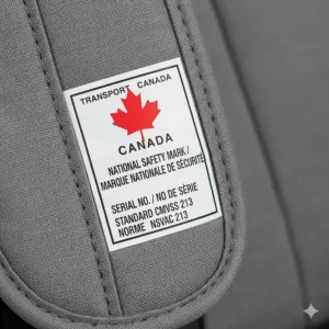 Detailed illustration of the Canadian National Safety Mark (maple leaf label) required for all affordable safe car seats sold in Canada.