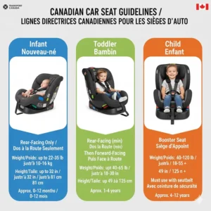 Bilingual English and French chart showing the stages of car seats from infant to booster according to Canadian provincial laws.