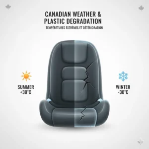 Illustration showing how extreme Canadian temperature swings from -30°C to +30°C can cause car seat plastic to become brittle and expire over time.