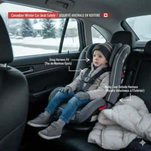 Illustration showing a child in a narrow car seat without a bulky coat, highlighting Canadian winter safety standards and harness fit.