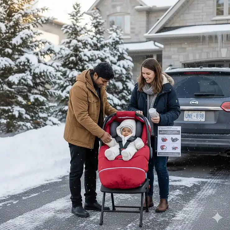 A Canadian family loading a toddler into a car seat equipped with insulated winter accessories in a snowy driveway.