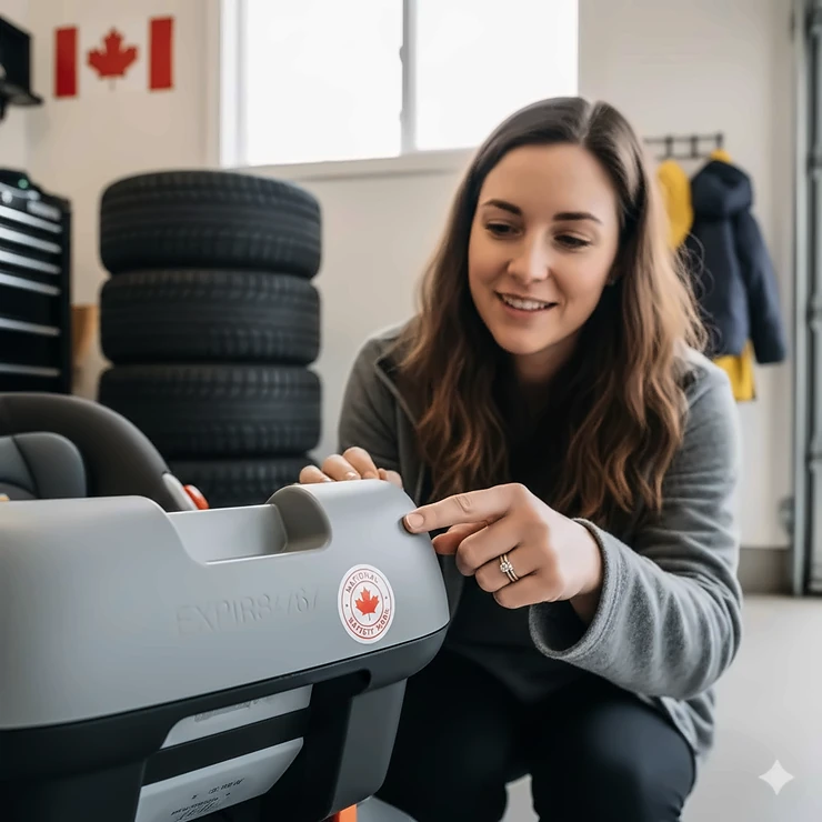 A Canadian parent inspecting a car seat expiration date stamp next to the circular National Safety Mark (maple leaf) sticker to ensure compliance with Transport Canada regulations. car seat expiration dates Canada rules