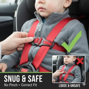 A hand performing the harness pinch test on a child’s shoulder to ensure a snug fit over winter indoor clothing.