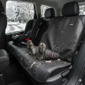 Waterproof kick mat car seat accessories protecting upholstery from Canadian winter slush and mud.