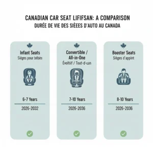 A comparison chart of car seat expiration dates for infant, convertible, and booster seats sold in Canada, typically ranging from 6 to 10 years.