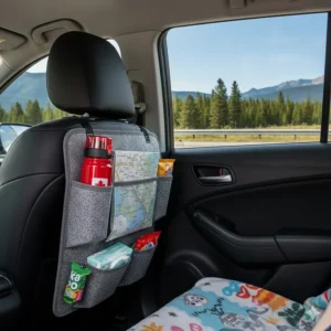 Backseat car seat accessories organizer holding a water bottle and a Canadian map for road trips.