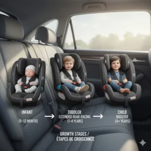 Infographic showing the transition from infant bucket seats to extended rear-facing convertible seats.