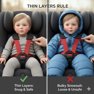 Illustration showing a child in thin fleece layers vs a bulky snowsuit to demonstrate proper car seat harness fit.