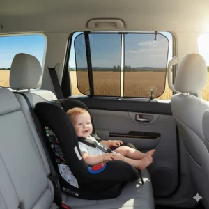 Protective mesh window sun shades for car seat safety during Canadian summer drives.