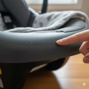 A close-up of a finger pointing to the EXP expiration date molded into the plastic frame of a car seat to ensure it is still safe for use.