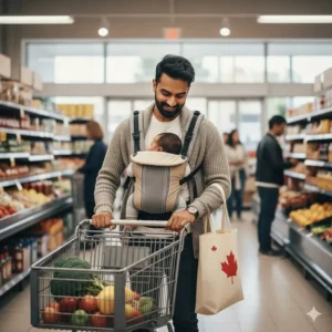 A modern Canadian father wearing a neutral-colored, adjustable baby carrier for a newborn while grocery shopping.