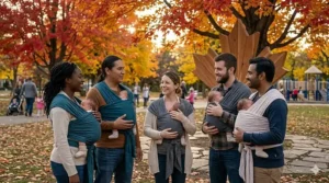 A group of diverse Canadian moms and dads in a park setting, all using different styles of baby wraps for newborns.