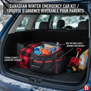 Illustration of a winter emergency kit for Canadian drivers, including blankets, extra mittens, and snacks for children.
