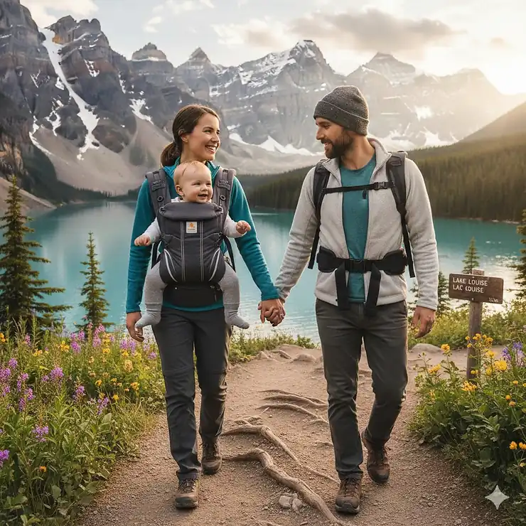 A parent using an ergonomic baby carrier while hiking in Banff National Park, Canada.