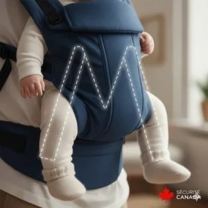 Detailed illustration of the ergonomic M-position in a baby carrier, meeting Canadian safety standards for infant hip development.