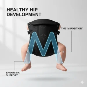 Illustration showing the M-position leg support in an ergonomic baby carrier for healthy infant hip development.