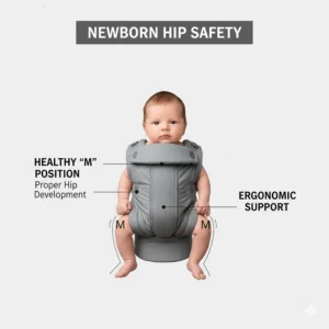 A diagram showing the healthy "M" leg position in a baby carrier for a newborn to ensure hip safety.