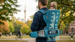 Diagram of an ergonomic toddler carrier sold in Canada, showing proper "M-position" leg support for hip health.
