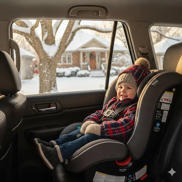 A toddler safely buckled into an extended rear-facing car seat inside a vehicle in Canada, demonstrating proper harness fit for winter travel.