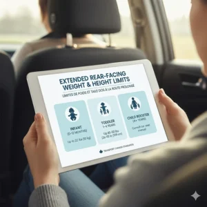 Graphic depicting various height and weight capacities for long-term rear-facing use up to 45 or 50 pounds.