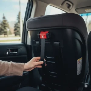 A close-up view of a parent's hand tightening the essential top tether strap on the back of a forward-facing car seat inside a vehicle.