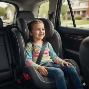 A young girl sitting in a high-back booster seat, demonstrating the correct lap and shoulder belt fit across her chest and hips for child passenger safety.