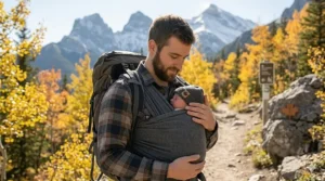 A father using a supportive baby wrap for newborns while hiking a scenic trail in British Columbia.