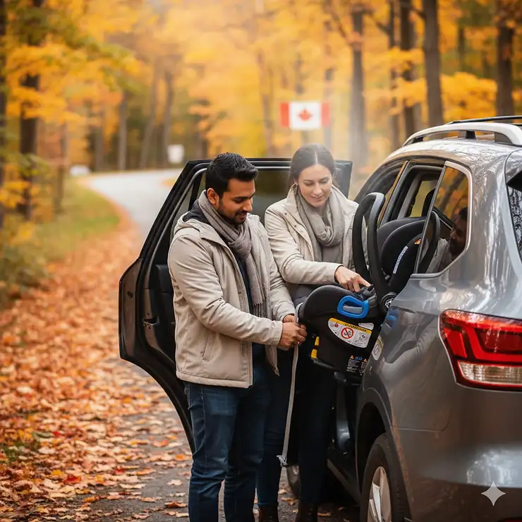 A Canadian father and mother installing a rear-facing car seat in an SUV during autumn, checking safety labels against a background of fall foliage and a Canadian flag. how to choose a car seat