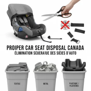 Diagram showing how to safely dispose of an expired car seat in Canada by cutting the straps and removing the fabric cover to prevent further use.