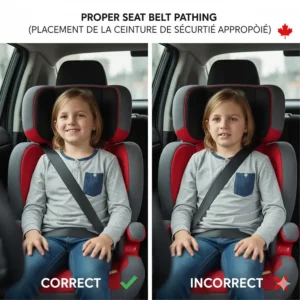 Step-by-step guide for correctly installing a booster seat in a vehicle to meet Canadian provincial road safety laws.