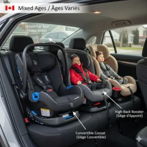 A visual layout of an infant carrier, a narrow convertible seat, and a slim booster seat fitting 3-across in a sedan.