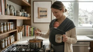 A Canadian dad wearing a navy blue baby wrap for newborns while preparing a meal in a kitchen.