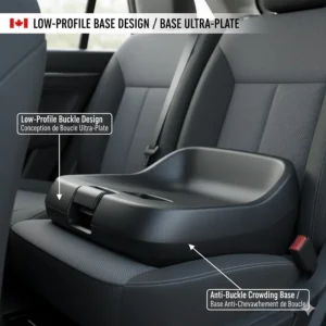 Technical illustration of a low-profile car seat base designed to prevent buckle crowding in tight 3-across configurations.
