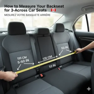 A diagram showing how to measure a car’s rear bench width in centimeters and inches for 3-across car seat compatibility.