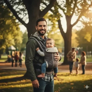 Illustration of a father wearing a stylish, adjustable baby carrier in a Canadian park setting.