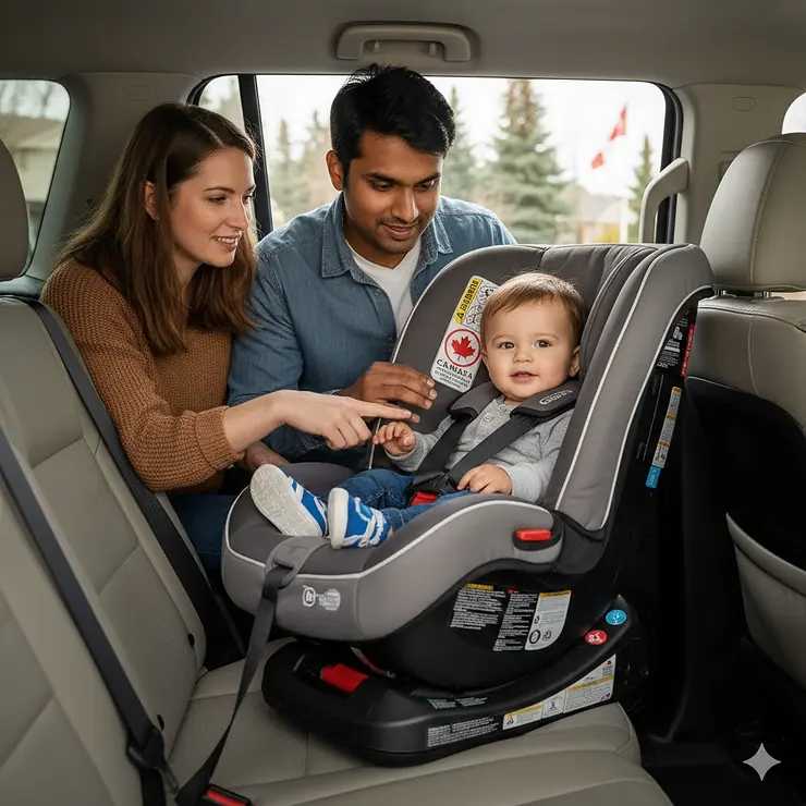 A diverse Canadian family installing a top-rated affordable convertible car seat in their SUV, highlighting the Transport Canada National Safety Mark. most affordable safe car seats